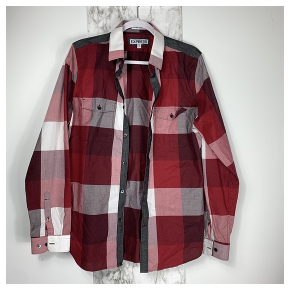 Express Other - hP] EXPRESS RED BLACK CHECK BUTTON DOWN SHIRT